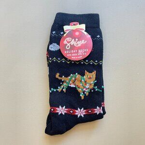 New Shine Socks Cat with Lights Fish Christmas Tree Holiday Black NWT